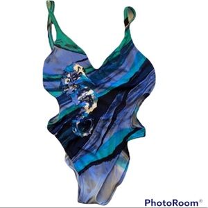 90s Rare Du Loren One Piece Swimsuit Seahorse Vibrant Blues Abstract ⭐️⭐️⭐️⭐️⭐️